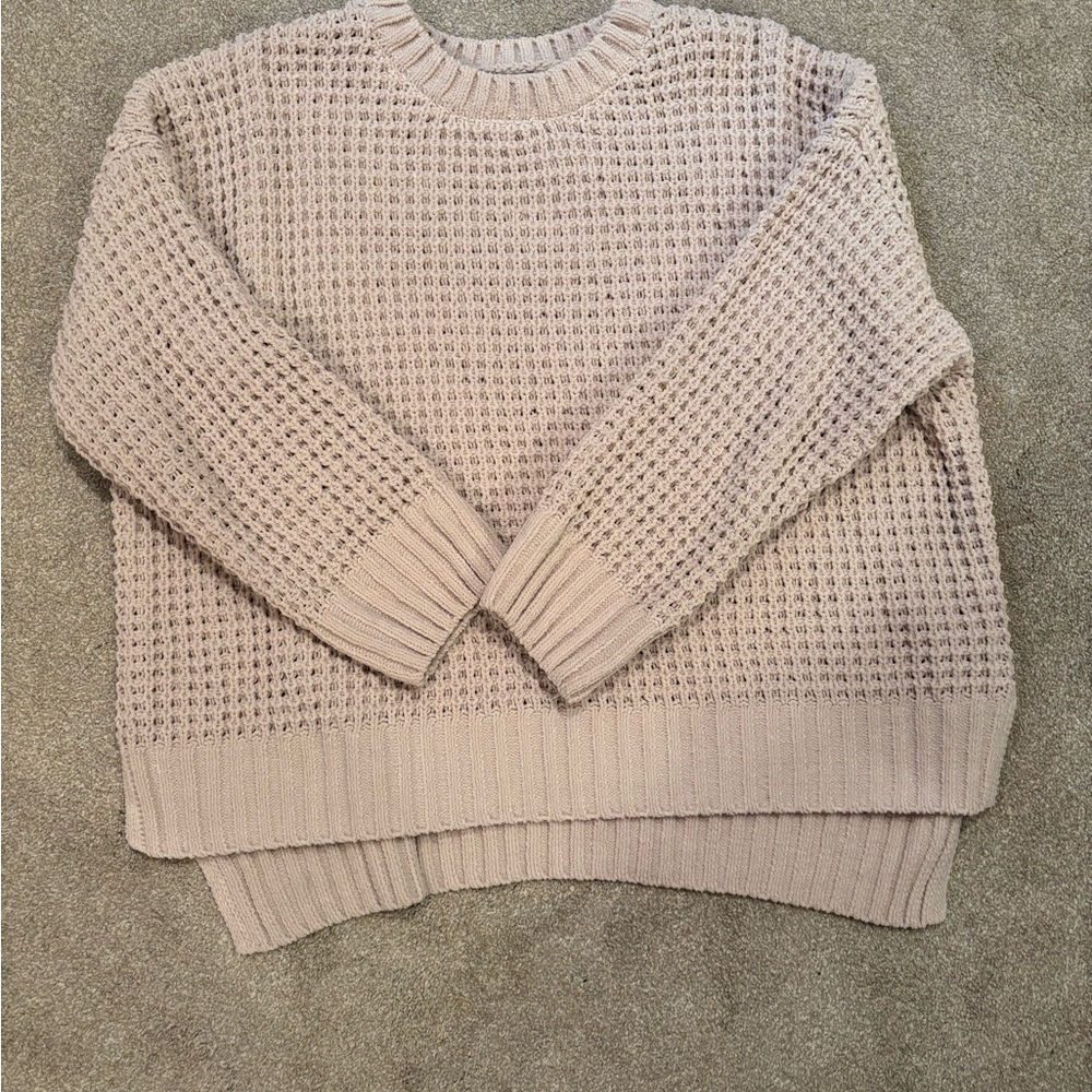Pink Rose Cream Crew Neck Sweater with Waffle Knit